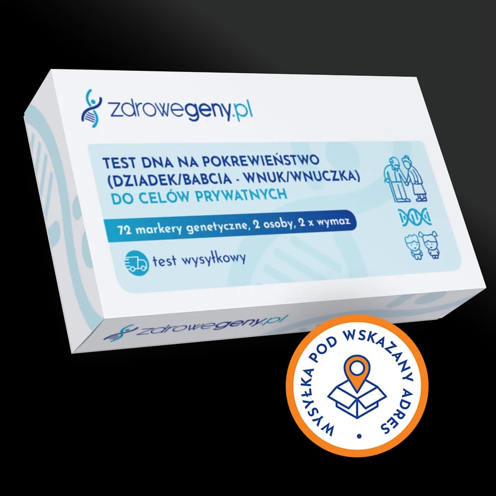 Test DNA na pokrewieństwo (dziadek/babcia - wnuk/wnuczka) do celów prywatnych - do 72 markerów genetycznych, 2 osoby, 2 x wymaz, test wysyłkowy